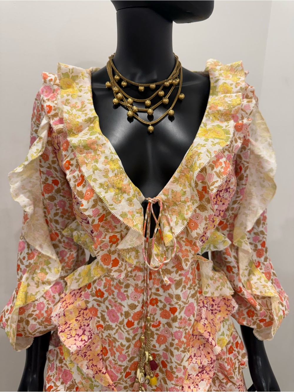 Zimmermann Floral Patchwork Ruffle Cutout Tie Front Mini Dress Size 2 - Picture 8 of 14